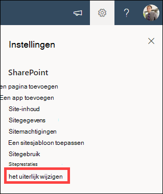 De optie Instellingen is geopend met het wijzigen van het uiterlijk gemarkeerd.