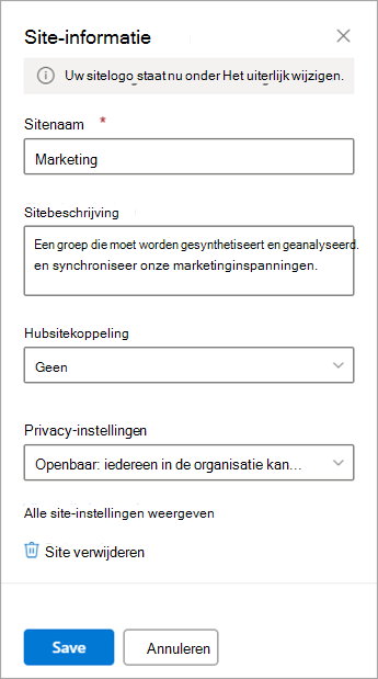 De instellingenopties voor sitegegevens voor een teamsite.