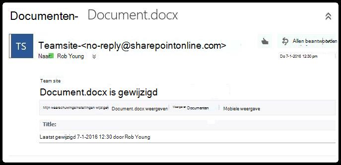 Schermafbeelding van een SharePoint-waarschuwingsmelding
