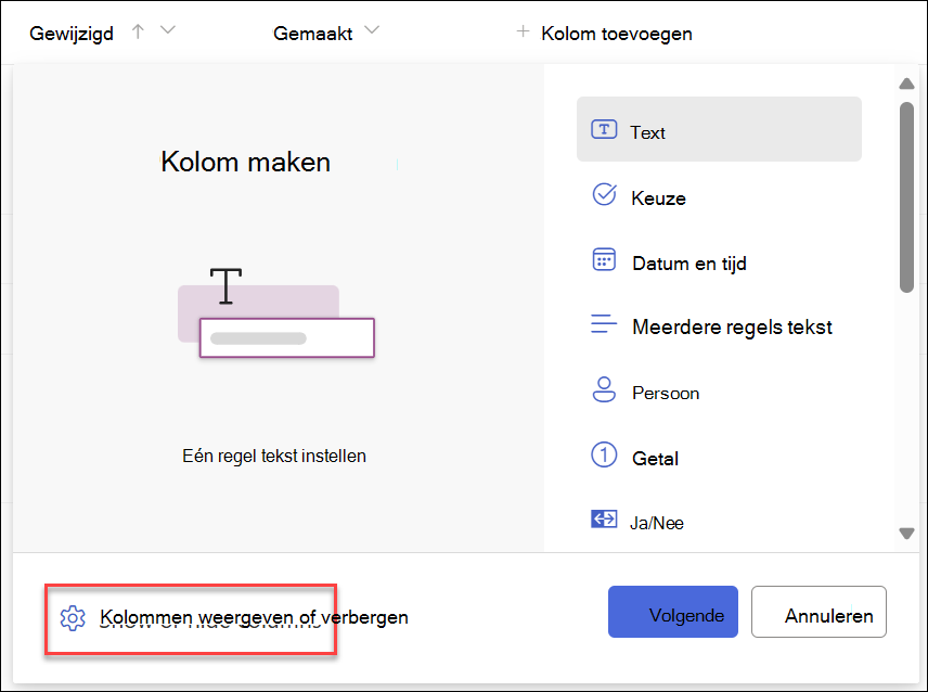 Schermopname van Kolommen verbergen geselecteerd