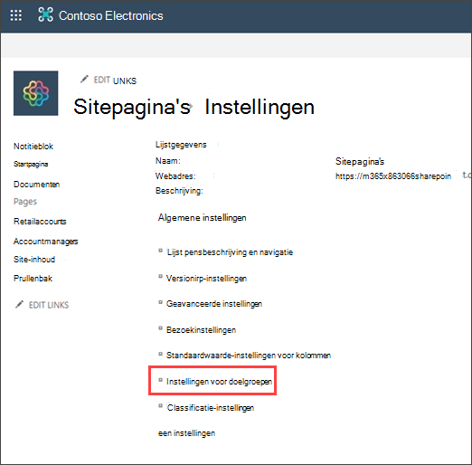 Instellingenpagina waarop doelgroepen zijn gemarkeerd