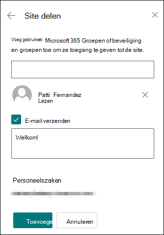 Voorbeeld van het deelvenster machtigingen voor de sharesite
