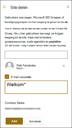 Voorbeeld van het deelvenster Site delen.