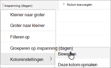 Het deelvenster Kolom bewerken in SharePoint met de optie Verwijderen geselecteerd