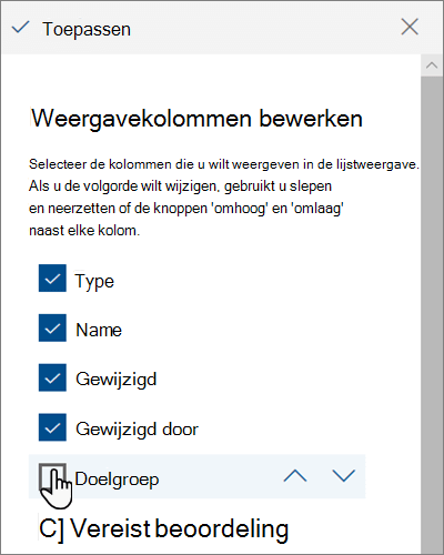 Het deelvenster Weergavekolommen bewerken in het moderne SharePoint Online