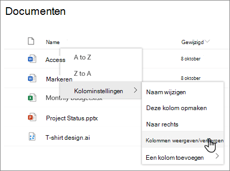 De optie Kolominstellingen > Kolommen weergeven/verbergen wanneer een kolomkop is geselecteerd in een moderne SharePoint-lijst of -bibliotheek