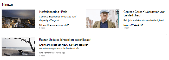 Schermopname van het webonderdeel Nieuws van een SharePoint-site, waar berichten zijn gefilterd