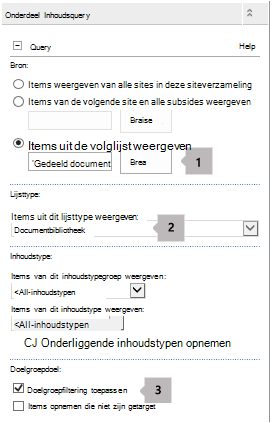 Lijst met eigenschappen van webonderdeel Inhoudsquery met drie bijschriften