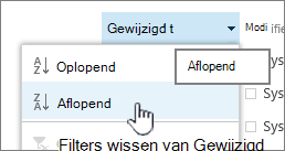 Het vervolgkeuzemenu Sorteren voor een kolomkop