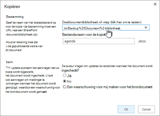 Dialoogvenster Kopiëren waarin URL is geselecteerd.