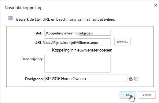 Eigenschappen van navigatiekoppeling met OK gemarkeerd.
