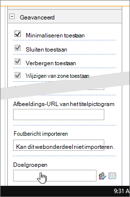 Gedeelte Geavanceerd van dialoogvenster 'Eigenschappen van webonderdelen' met doelgroep gemarkeerd