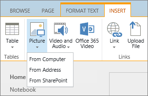 Schermafbeelding van het lint van SharePoint Online. Selecteer het tabblad Invoegen en vervolgens Afbeelding om te kiezen of u een bestand wilt uploaden vanaf uw computer, een webadres of een SharePoint-locatie.
