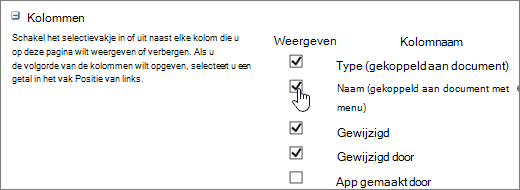 Dialoogvenster kolom kiezen