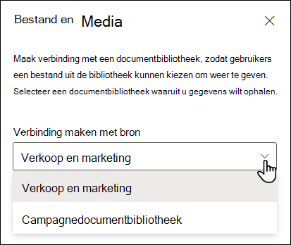 Eigenschappenvenster bestandsviewer met vervolgkeuzelijst Verbinding maken met bron