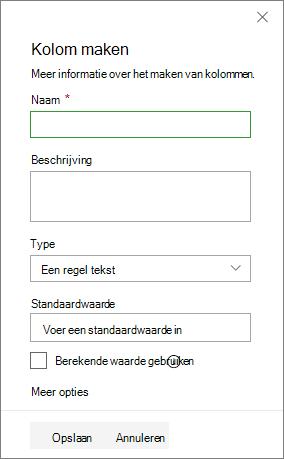 Het deelvenster Een kolom maken
