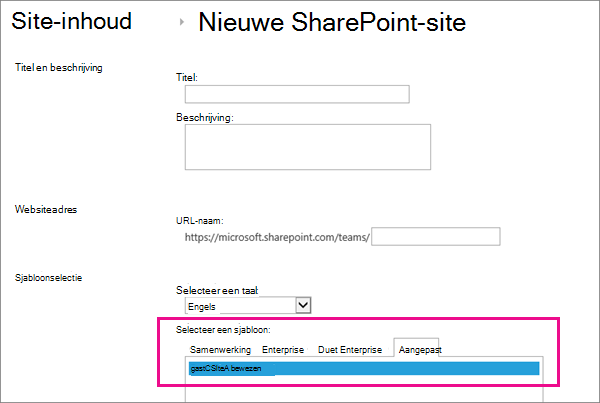 Bovenste gedeelte van het dialoogvenster Site maken