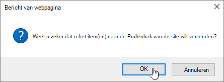 Bevestigingsdialoogvenster Item verwijderen waarin Verwijderen is gemarkeerd