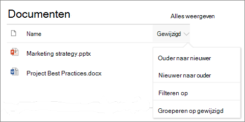 Webonderdeel Documentbibliotheek met het menu Sorteren, filteren en groep