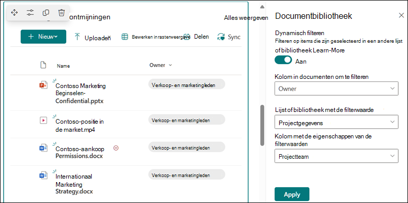 Documentbibliotheek met geopend deelvenster voor dynamische filteropties