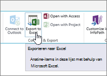 Knop SharePoint exporteren naar Excel op het lint gemarkeerd