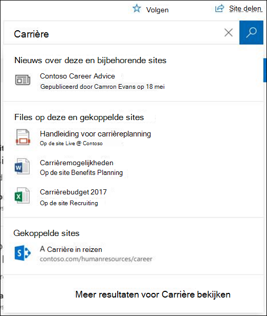 Zoekresultaten op een SharePoint-hubsite