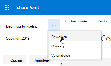 Bestaande koppeling of label in een voettekst op een SharePoint-communicatiesite bewerken.