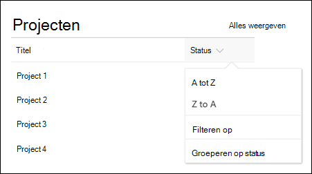 Webonderdeel Lijst met menu sorteren, filteren en groep