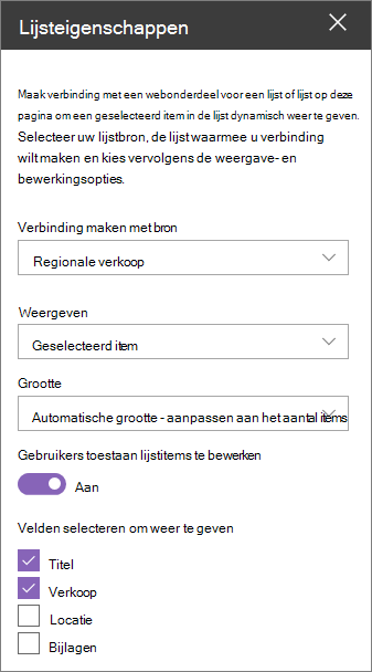 Deelvenster Lijsteigenschappen van webonderdelen