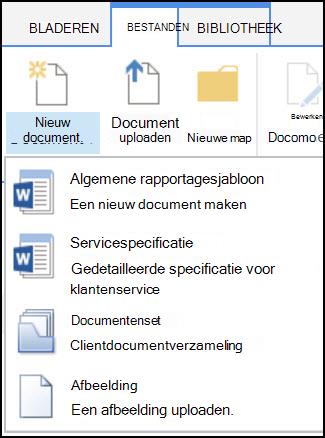 Menu Nieuw Document met aangepaste inhoudstypen in een SharePoint