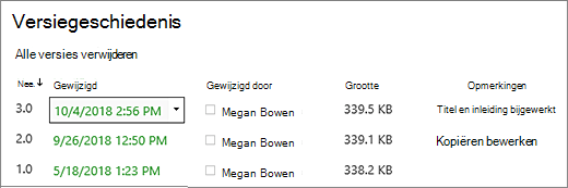 Dialoogvenster Versiegeschiedenis met drie versies.
