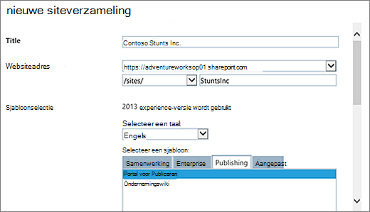 Bovenste deel van het dialoogvenster Nieuwe siteverzameling met Portal voor publiceren gemarkeerd
