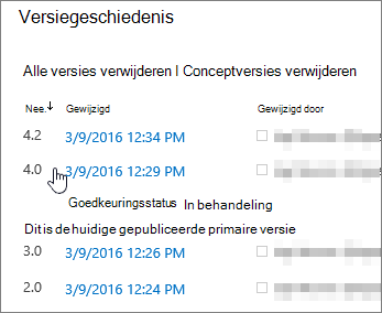 Versiegeschiedenis waarbij één secundaire versie is verwijderd