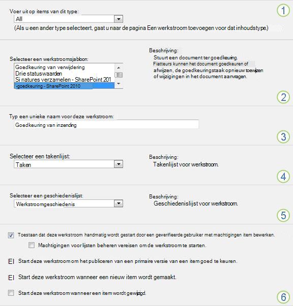 Basisinformatie in het dialoogvenster Werkstroom toevoegen met omcirkelde sectienummers