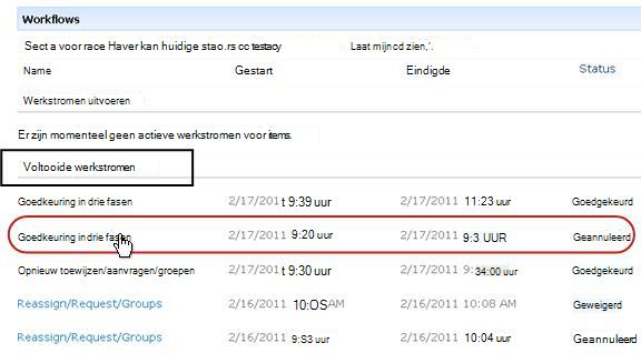De lijst Voltooide werkstromen op de pagina Werkstromen voor het item