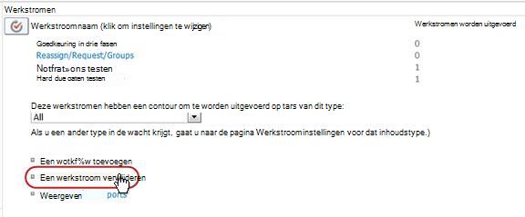 De pagina Werkstroominstellingen met de omcirkelde koppeling Werkstroom verwijderen