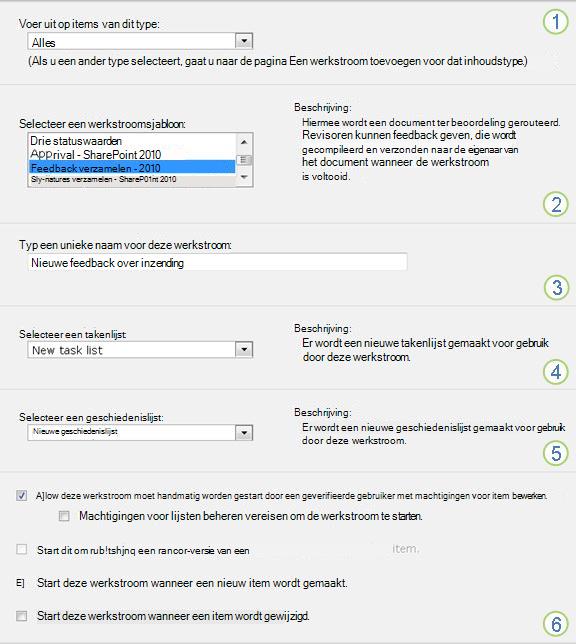 Eerste pagina van het koppelingsformulier voor de werkstroom Feedback verzamelen voor een bibliotheek of inhoudstype met genummerde bijschriften