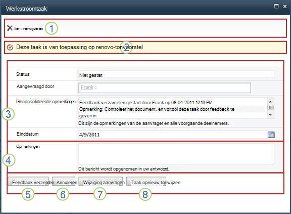 Het taakformulier voor het verzamelen van feedback met genummerde besturingselementen