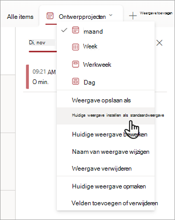Schermopname van het kiezen van de opdracht Huidige weergave als standaard instellen in Lijsten.