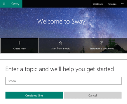 Samengestelde schermafbeelding van het scherm Welkom bij Sway en het deelvenster QuickStarter voor het invoeren van onderwerpen.