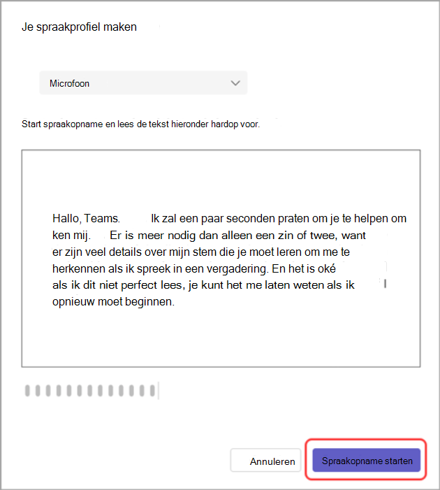 Schermopname van het dialoogvenster Uw stemprofiel maken met de knop Spraakopname starten gemarkeerd.