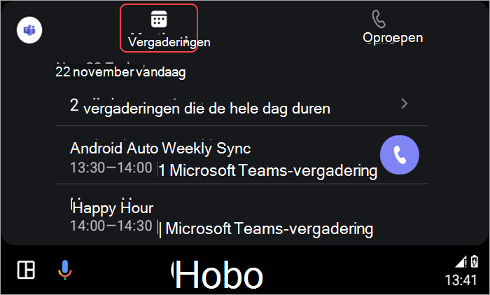 Schermafbeelding van het deelnemen aan vergaderingen met Android Auto