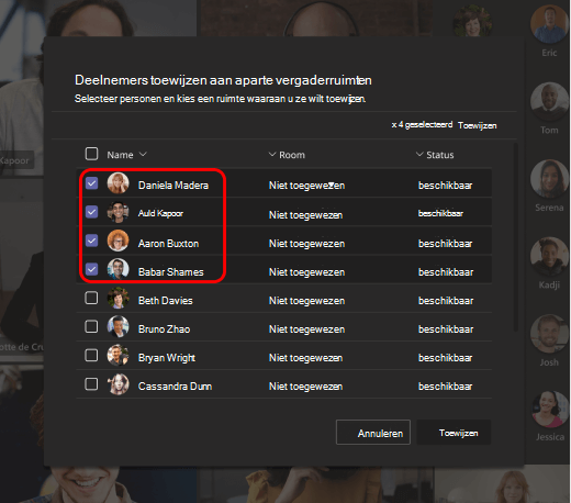 Afbeelding toont hoe u personen toewijst aan aparte vergaderruimten