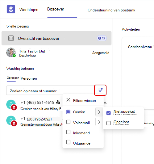 Schermopname van de details van het gespreksfilter in Wachtrijen app.