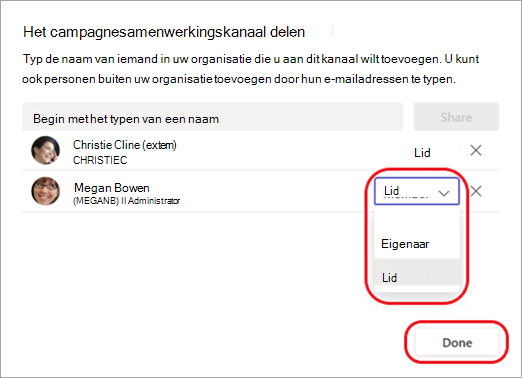 Schermopname waarin wordt getoond hoe u een kanaallid wijzigt in een kanaaleigenaar