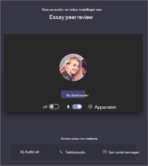 Audio- en video-instellingen kiezen voor Teams-vergaderingen voordat u deelneemt