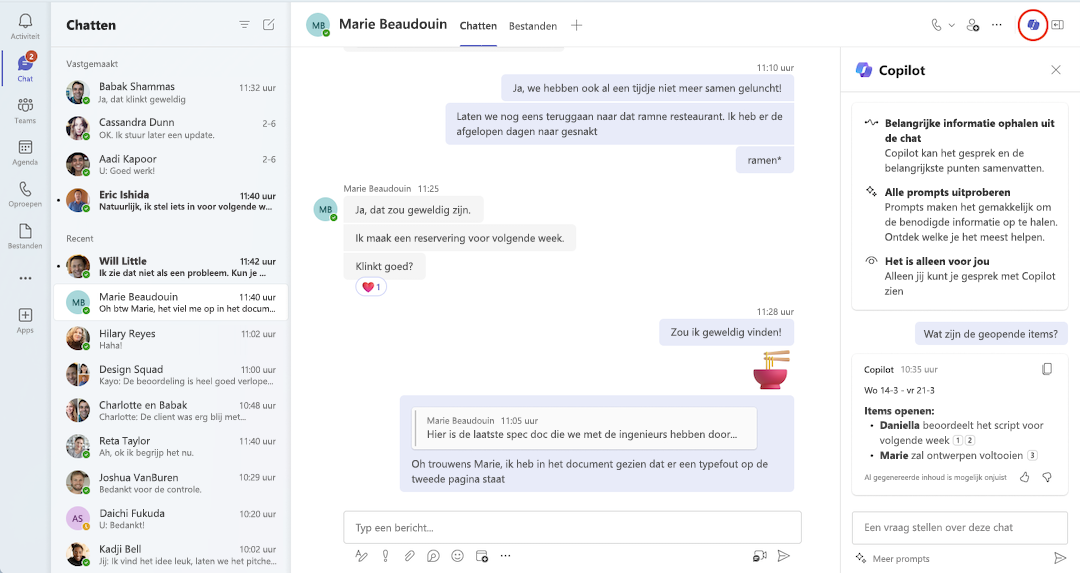Een weergave van Copilot in een Teams-chat