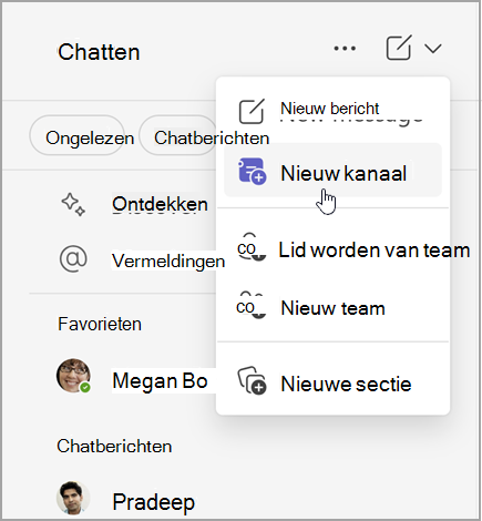 Schermopname van Microsoft Teams-chat met opties voor het maken van een nieuw bericht, nieuw kanaal of nieuw team. U kunt ook lid worden van een team of een nieuwe sectie maken.