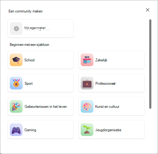 Schermafbeelding van de knoppen voor het maken van een community met of zonder sjabloon in Community's in Microsoft Teams (gratis).