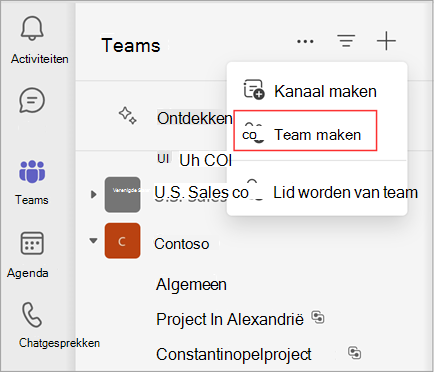 Een schermafbeelding van een menu met opties om een kanaal te maken, een team te maken of lid te worden van een team. Selecteer Team maken om een team te maken. Er wordt ook een lijst met bestaande teams en kanalen weergegeven.